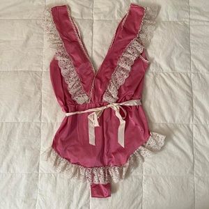 Vintage Pink Frilly Lace Trimmed Babydoll Cami Bodysuit Bodysuit Nightie